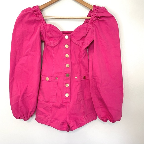 RARE Alice McCall Hot Pink Denim Puff Sleeve Playsuit Romper - Moments - Picture 3 of 8